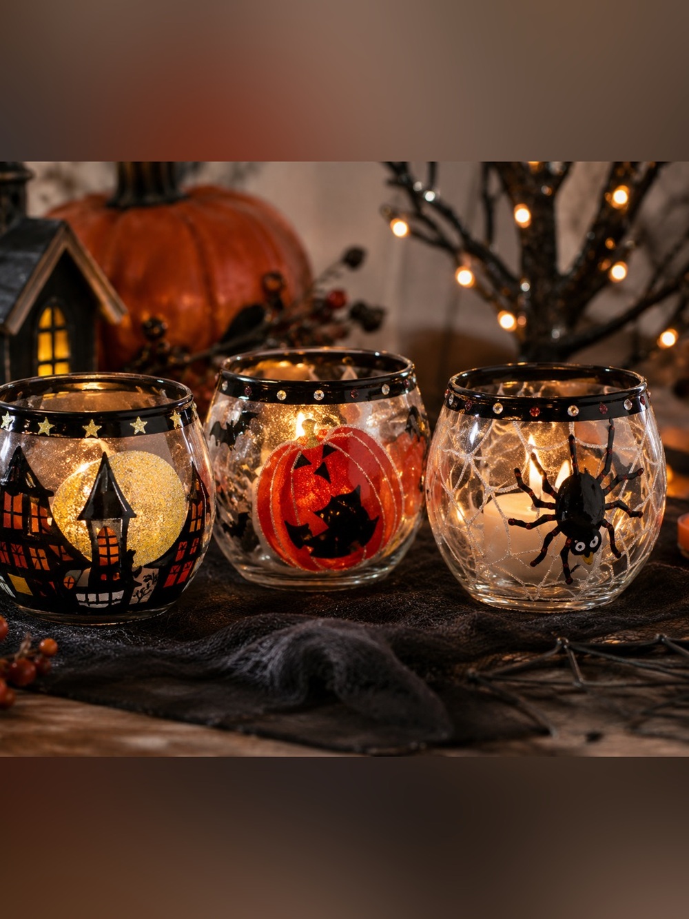 Set of Large Halloween Glass Votive Candle Holders Pumpkin Spider Haunted House